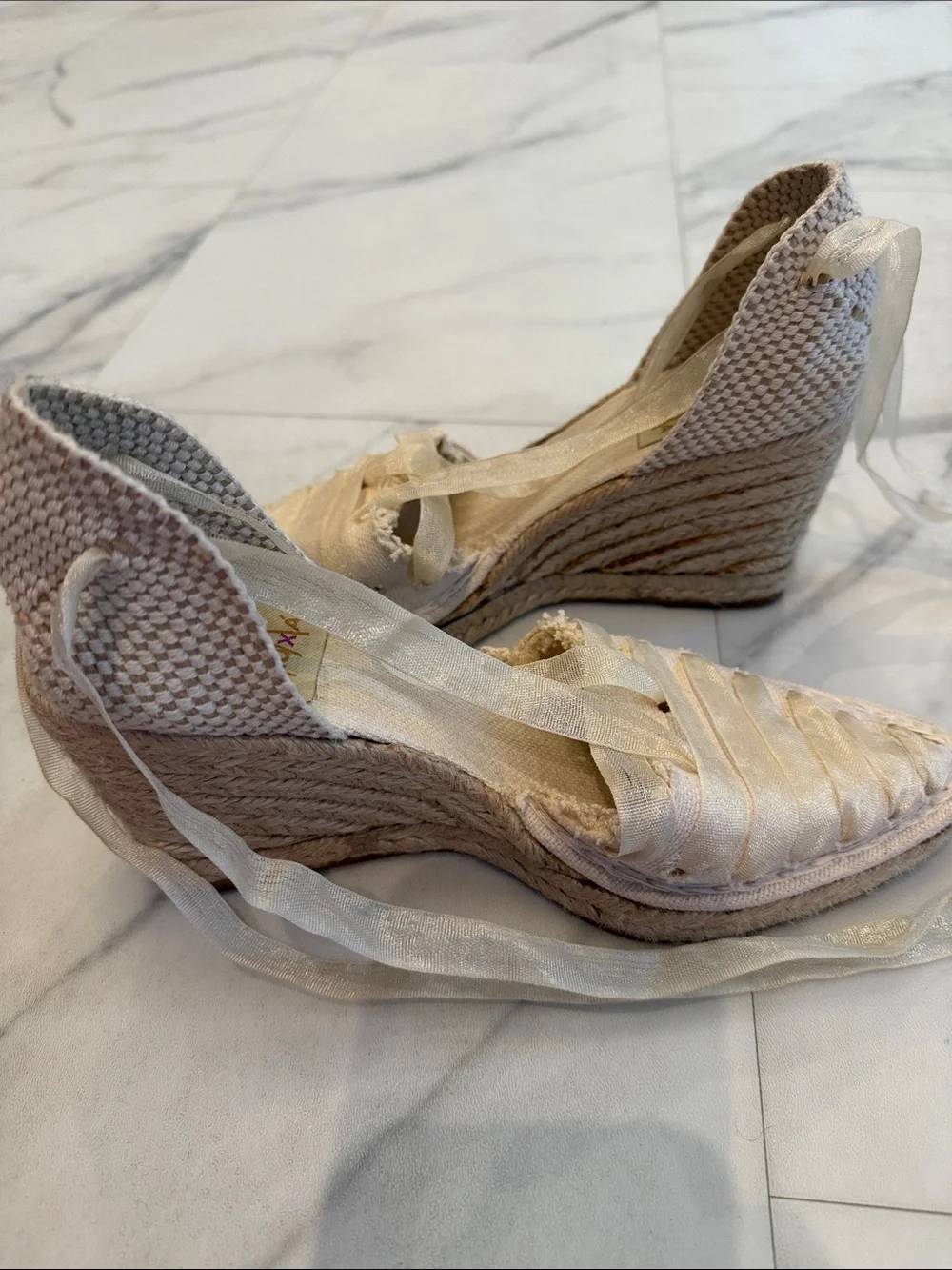 Woven Lace-Up Espadrille Flats in Light Beige/Cream from Spain